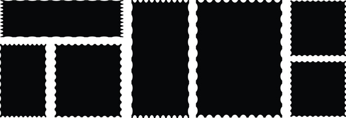 Set of frames with zigzag edge, scallop edge shapes Black frames. set of photo frames zigzag edge shapes  Vector illustration  Geometric shapes stickers with zigzag wavy edge. 