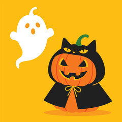 Cute Cartoon Ghost and Pumpkin in Cat Costume for Halloween Celebration and Festive Designs