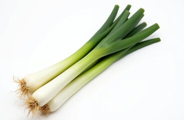 Obraz premium Fresh green leeks isolated on white. Culinary herbs bunch, cooking ingredient. Organic healthy vegetable. Raw food for vegetarian diet, soup broth, cooking. Macro shot, high quality.