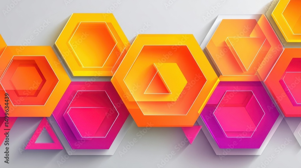 Poster colorful hexagonal shapes layered in a design.