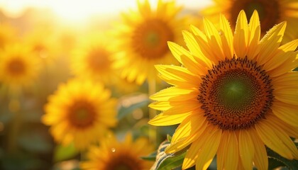 Fototapeta premium Close-up photo of sunflowers with water drops on petals. Yellow flower heads in garden with sunshine, blurred background bokeh. Summer bloom floral, fresh plants on sunrise warm weather.