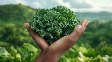 Kale is held in two hands against a blurred background of rolling green hills. - high quality Kale is held in two hands against a blurred background o