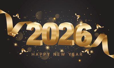 Happy New Year 2026. Golden 3D numbers with ribbons and confetti , isolated on transparent background.