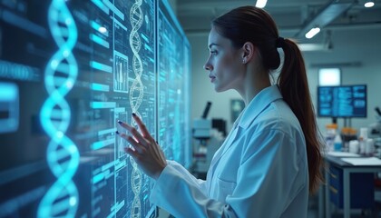 Female scientist uses digital screens analyzing DNA in a modern lab. Genetics, genomics research, medical innovation, cutting edge tech in science lab. Biotechnology, bioinformatics.