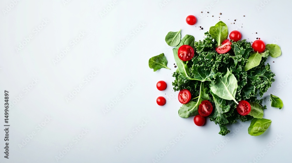 Poster kale salad is presented with spinach and cherry tomatoes on a bright white background creating a hea