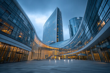 Obraz premium A dynamic daytime view of sleek modern buildings made of glass and steel. The clean urban composition highlights contemporary design, innovation, and architectural elegance with no people present.