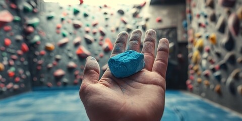 A hand holding a blue rock in a room with a blue wall