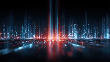 Futuristic cyber cityscape with glowing blue-red holographic lines on dark background, ideal for tech branding, AI presentations, and metaverse interface designs.
