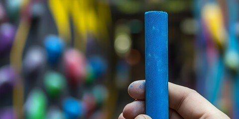 A person is holding a blue chalk in their hand