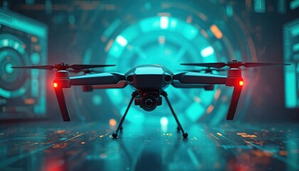 Futuristic drone implementing cybersecurity measures. Aerial surveillance provides unique insights into advanced technology. Modern digital automation, data analysis, machine learning processes shown