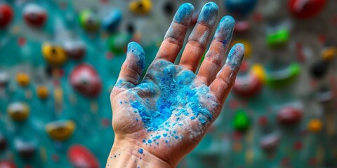 A hand covered in blue powder is shown with a wall of rocks in the background
