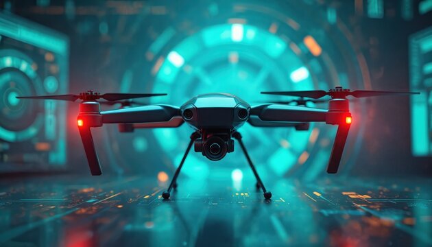 Futuristic drone implementing cybersecurity measures. Aerial surveillance provides unique insights into advanced technology. Modern digital automation, data analysis, machine learning processes shown