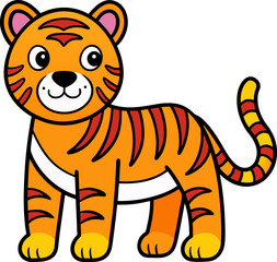 Happy tiger cub with cute face and orange body standing upright for children�s book and cartoon set