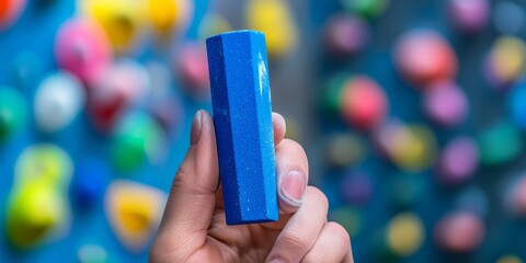 A person is holding a blue object with a white powdery substance on it