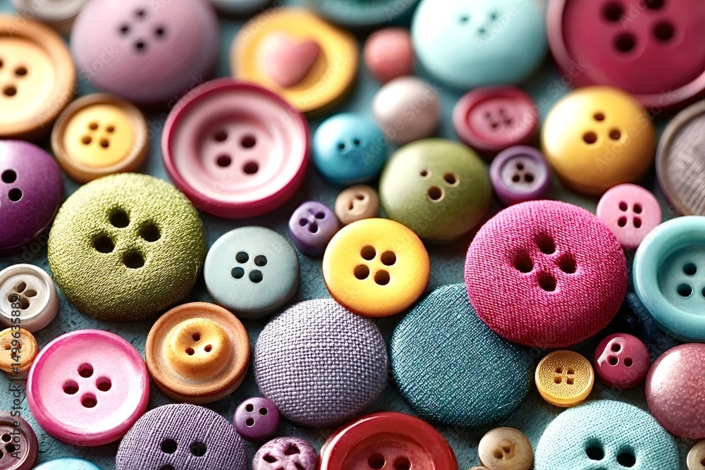 Poster collection of colorful buttons creates a vibrant and textured background, showcasing various sizes, 