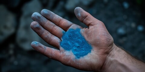 A hand holding a handful of blue powder