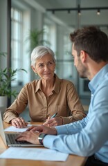 Obraz premium Middle-aged businesswoman, male colleague collaborate in office, discussing project. Teamwork, advisory session, financial meeting at workplace. Executive manager, employee partnership. Office