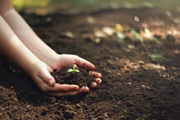 Planting a young tree in the forest, close-up of hands covering soil around the sapling, calm nature sounds, concept of environmental care and sustainability.