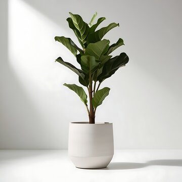 A single, lush tropical indoor plant a healthy fiddle-leaf fig  standing tall in a modern white ceramic pot.