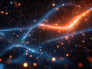 Abstract Nebula with Blue-Orange Particle Waves & Starlight Texture: Dynamic Digital Background for Tech Branding, Data Visualization, or Educational Content. High-Resolution Cosmic Energy Flow Design