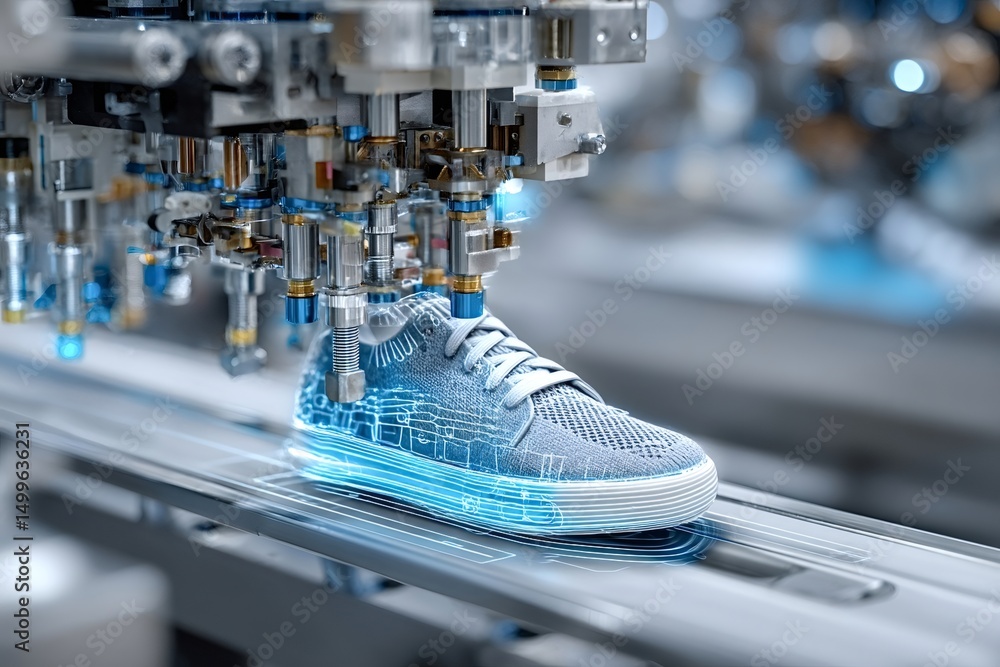 Poster cutting-edge robotic machinery crafting a high-tech sneaker on an assembly line, showcasing innovati