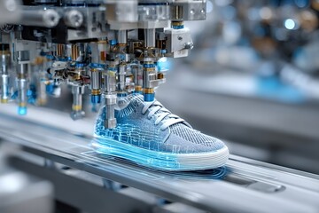 Cutting-edge robotic machinery crafting a high-tech sneaker on an assembly line, showcasing innovation in footwear production with precision engineering and automation