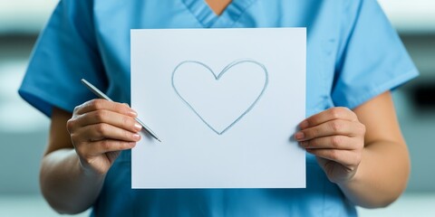 A woman is holding a piece of paper with a heart drawn on it