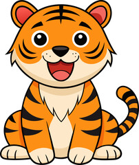 Energetic tiger jumping forward with excitement and open mouth in a fun vector drawing for jungle settings