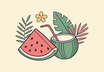welcome summer,illustration,watermelon,coconut drink