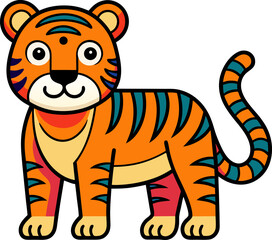 Playful cartoon tiger with big eyes and cheerful smile drawn in fun vector style for safari themes