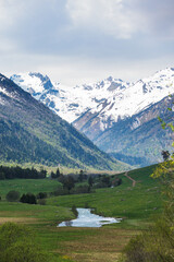 Caucasus Mountains spring landscape. Karachay-Cherkessia, Russia