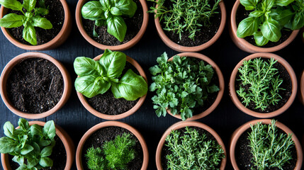 A vibrant arrangement of various herbs in clay pots for home gardening.