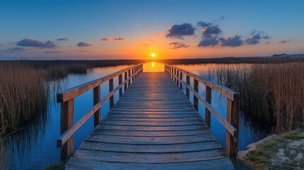 Obraz premium Serene wooden pier at sunset over tranquil water