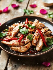 Side View Spicy Chicken in Black Bowl on Wooden Table: Gourmet Food Styling with Rose Petals, Chili & Honey Drizzle for Asian Recipe Content or Restaurant Branding. 