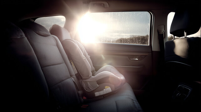 チャイルドシートに直射日光が差し込む後部座席。そこに子どもがいなくても、見る者に「もしも」の危機感を呼び起こす構図。車内放置や猛暑による事故リスクの啓発に最適です。