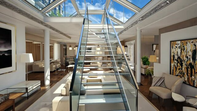 Contemporary Penthouse Mansarde with Stairs - loopable 3d visualization. motion video.