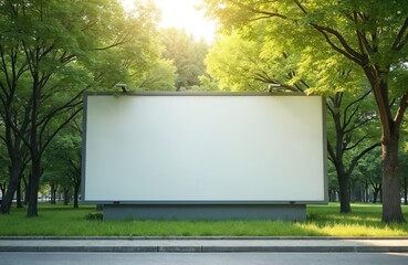 Blank billboard mockup city park. Empty advertising banner against green trees background. Commercial space for message, advertisement. Daylight photo shows marketing concept with ad space for
