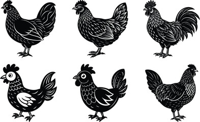 Silhouette of Rooster and chicken hen vector icon set illustration on white background. Chicken Logo icon set design concept. good for rooster restaurant and chicken farm. vector illustration

