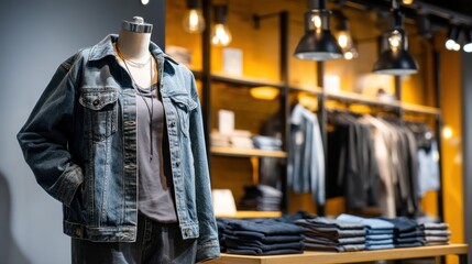 Naklejka premium Mannequin wearing denim jacket in fashion retail store
