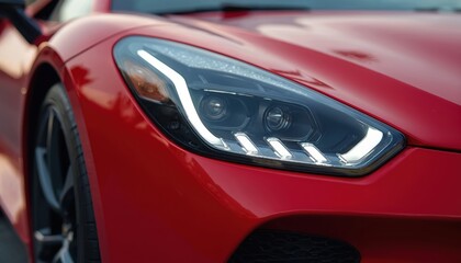Close-up of modern red sports car headlight. Stylish detail, LED light design. Bright automotive technology, auto industry. Red shiny paint, luxury car, transportation.