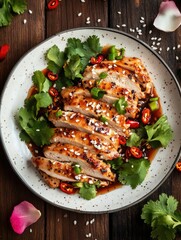 Top View Sliced Chicken with Cilantro & Chili on Wooden Board: Cinematic Food Styling for Asian Recipe Blogs, Restaurant Marketing, or Gourmet Photography. 