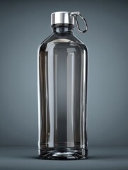 Clear glass water bottle with metal cap and loop