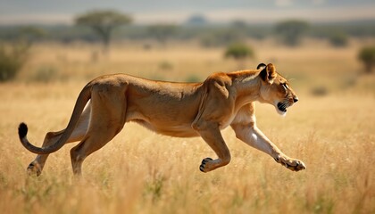 Fototapeta premium Lioness runs across dry grassy savanna on sunny day. Wild animal speed, motion. African safari nature, wildlife. Predator hunting on open land. Big cat predator in natural habitat.