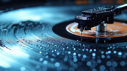 Close-up of a record player needle on a vinyl record with water droplets