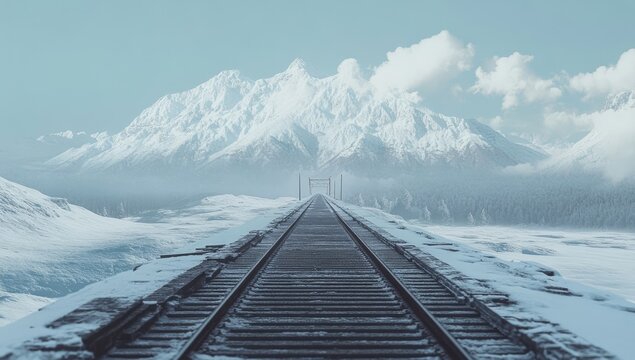 Frozen railway track leading to snowy mountains