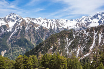 Caucasus Mountains spring landscape. Karachay-Cherkessia, Russia