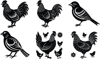 Silhouette of Rooster and chicken hen vector icon set illustration on white background. Chicken Logo icon set design concept. good for rooster restaurant and chicken farm. vector illustration

