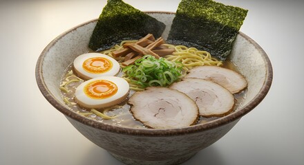 Authentic Japanese Ramen Noodle Soup Bowl with Pork Belly, Soft Boiled Egg, Seaweed and Bamboo Shoots | Traditional Asian Cuisine for Restaurant Menus and Food Blogs