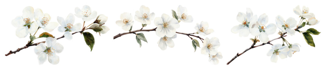 PNG Delicate white flowers on branches with green leaves element set on transparent background.