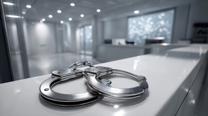 Handcuffs lying on desk in modern office suggesting white collar crime